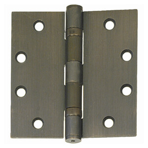 Metal door hinge with screw holes, displayed open.