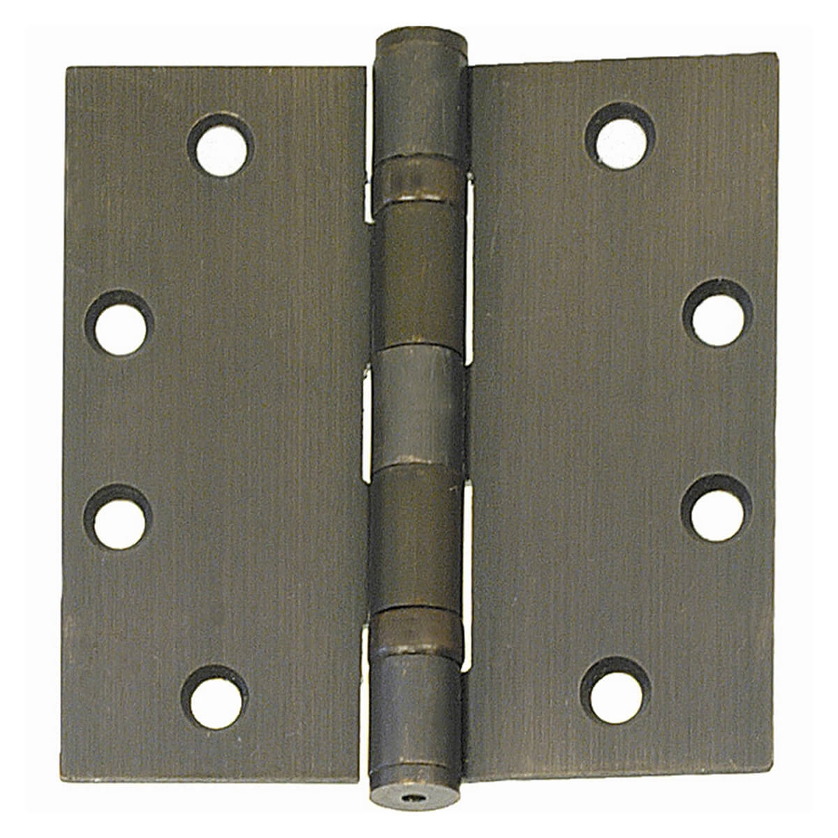 Metal door hinge with screw holes, displayed open.