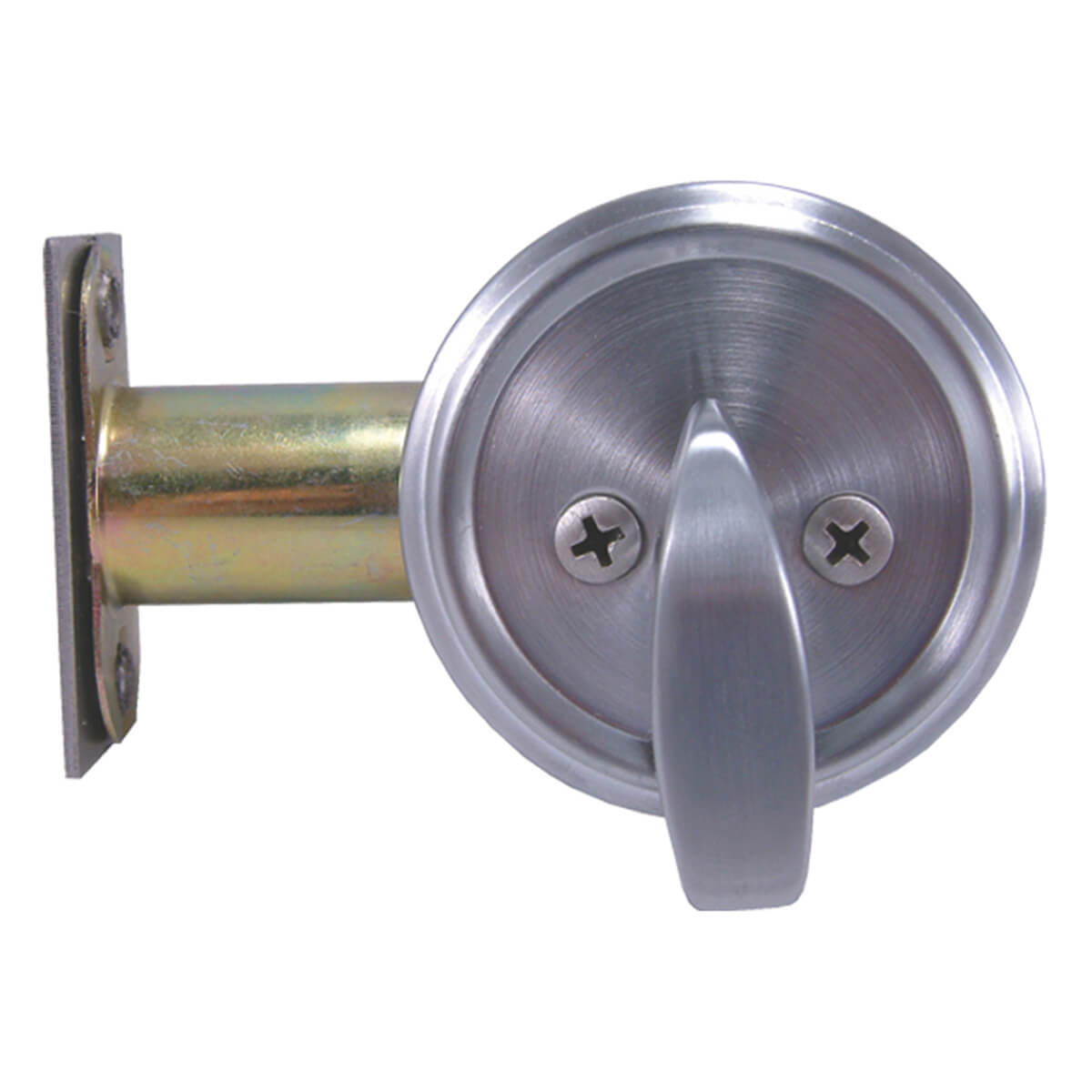 Metal deadbolt lock with a silver finish.