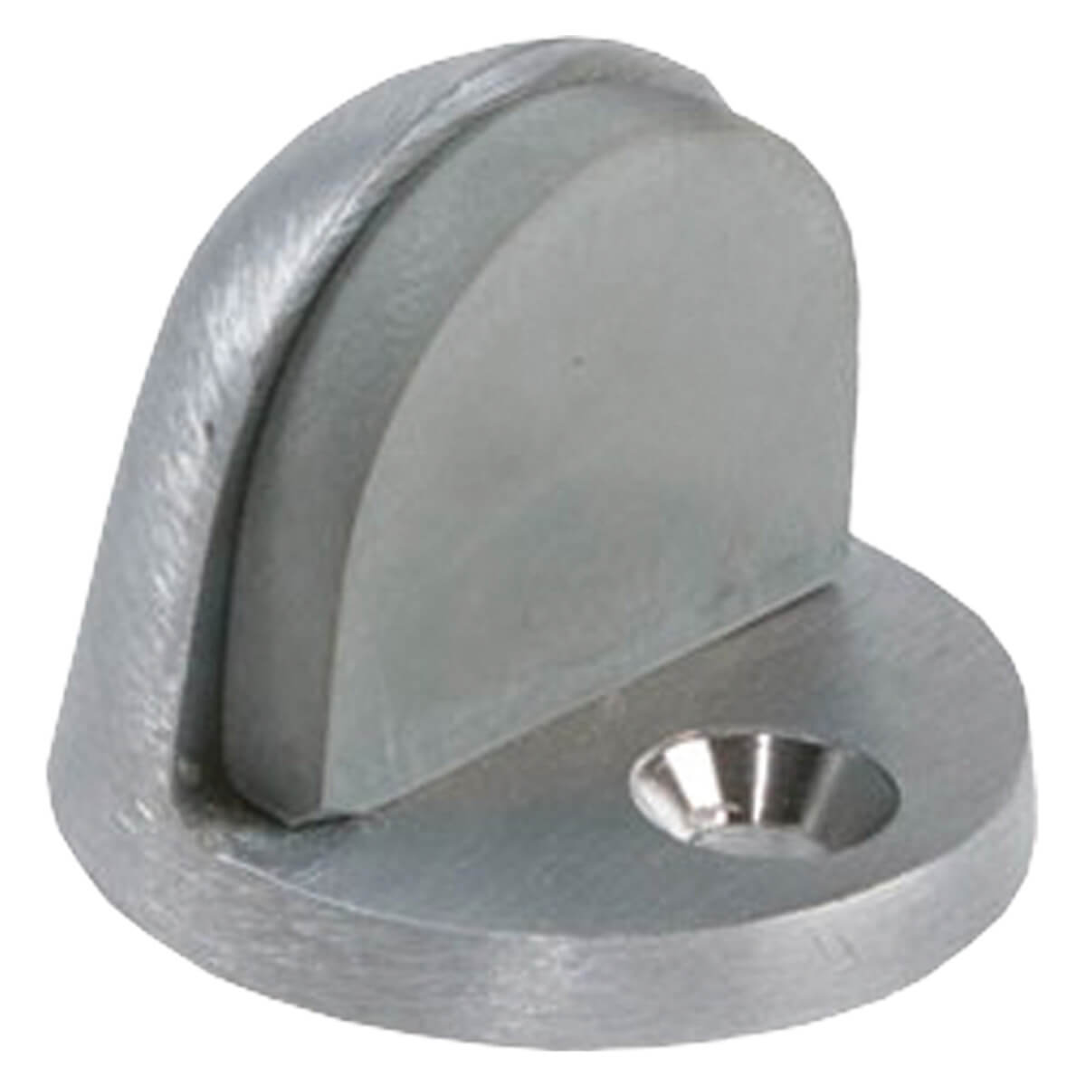 Metal doorstop with mounting hole, side view.