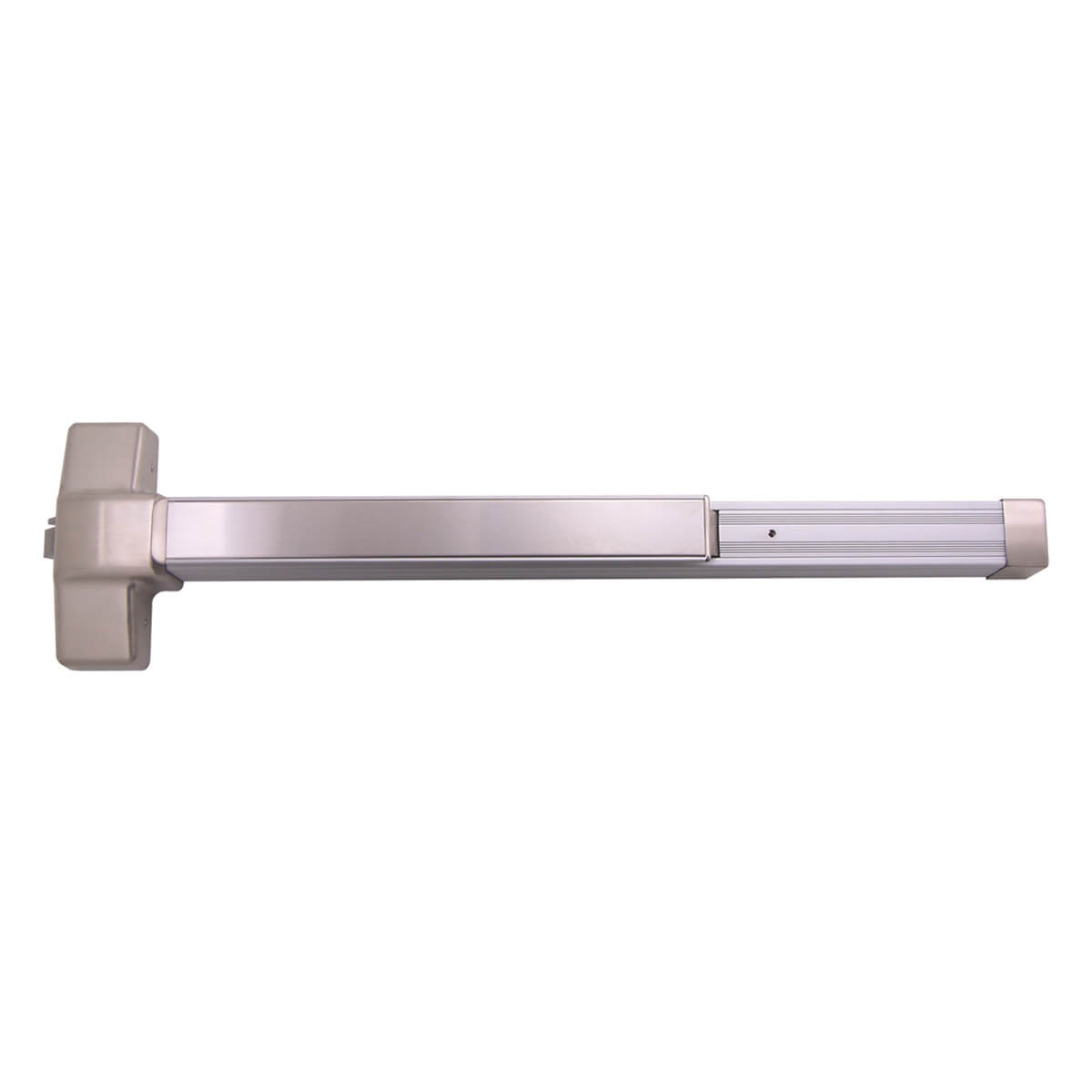 Silver door push bar extended horizontally.