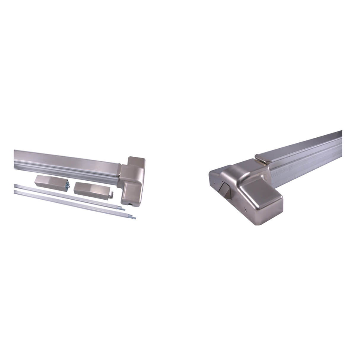 Metal door hardware components displayed against white background.