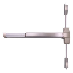 Silver push bar on a door panic hardware.