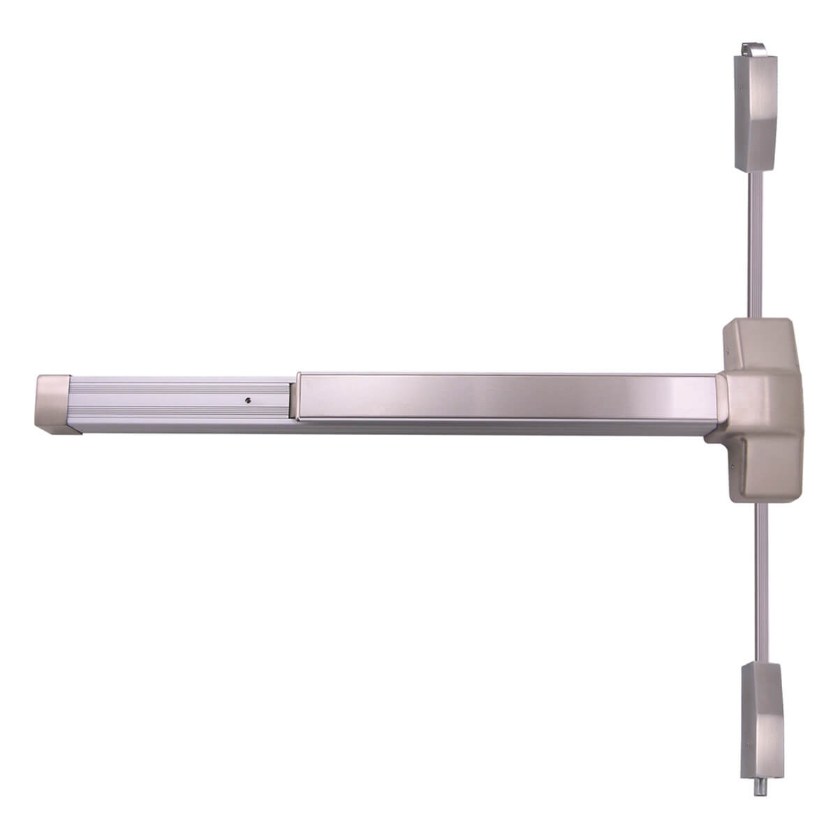 Door hardware; silver push bar for emergency exit.