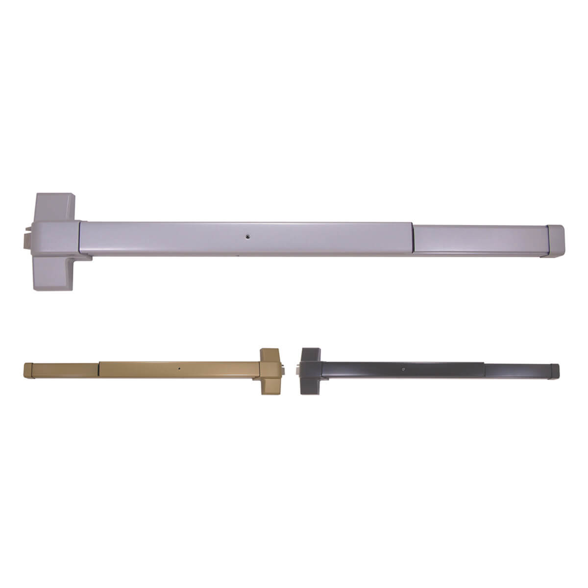 Three colored door crash bars displayed horizontally.