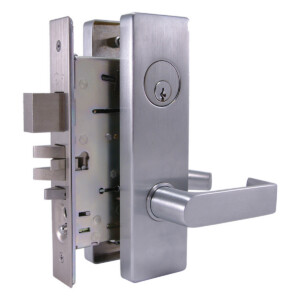 Stainless steel door lock with lever handle.