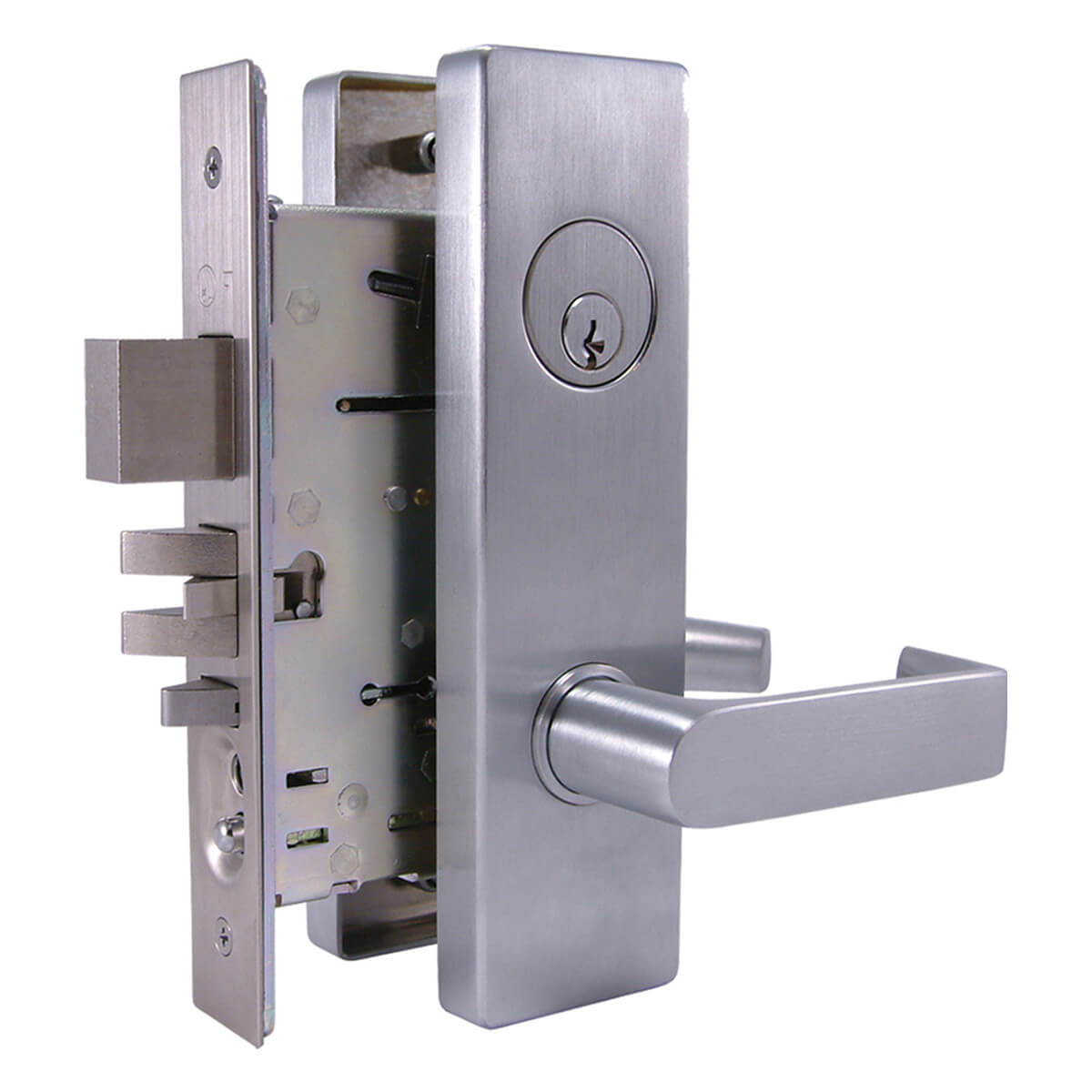 Silver door lock set, lever handle extended.