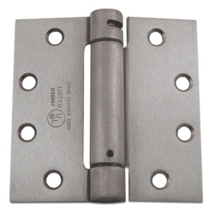Stainless steel door hinge with screw holes.