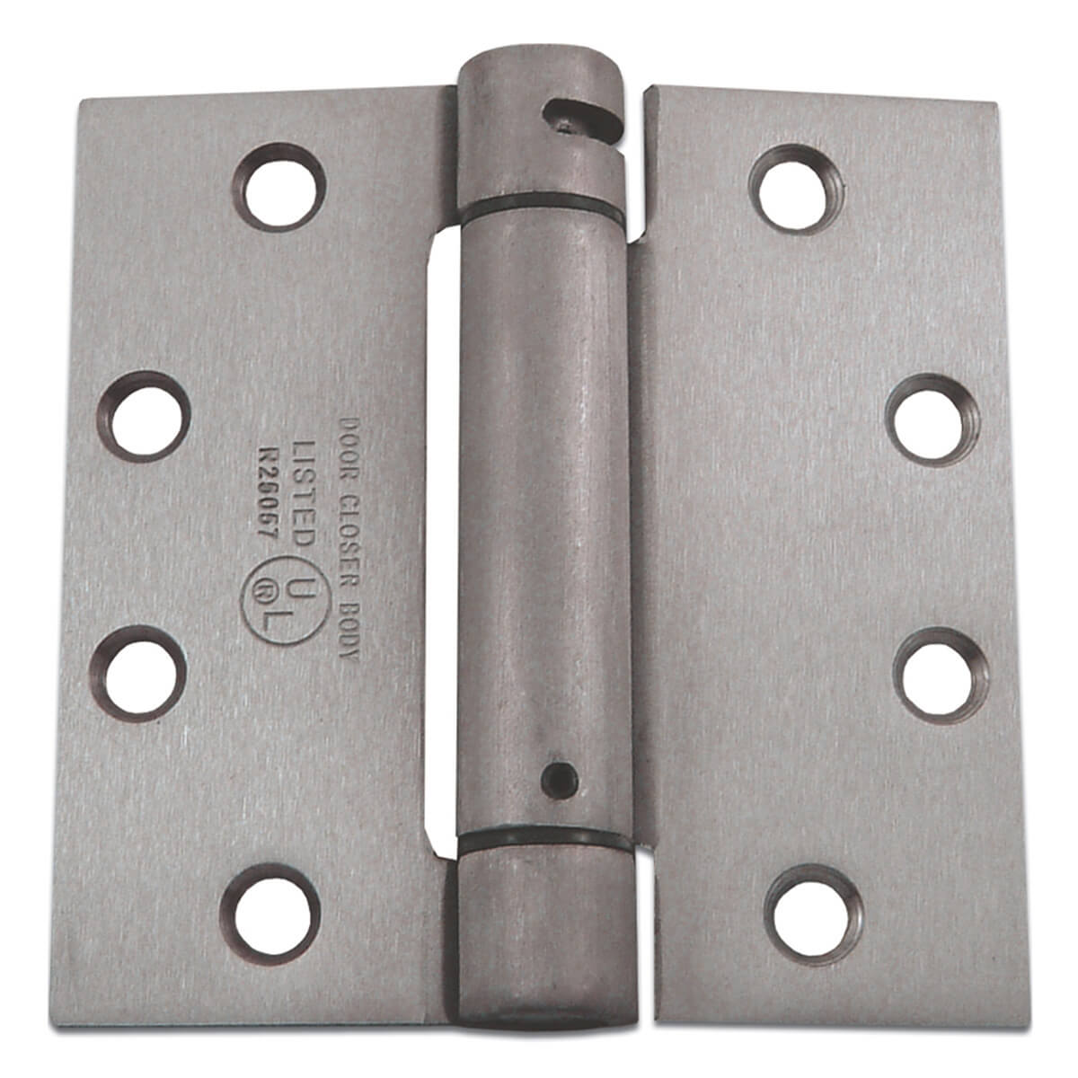 Stainless steel door hinge with screw holes.