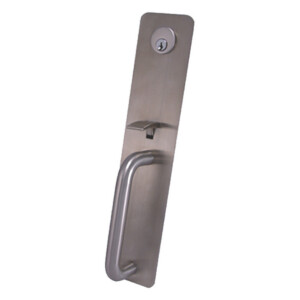 Metal door handle with integrated lock mechanism.