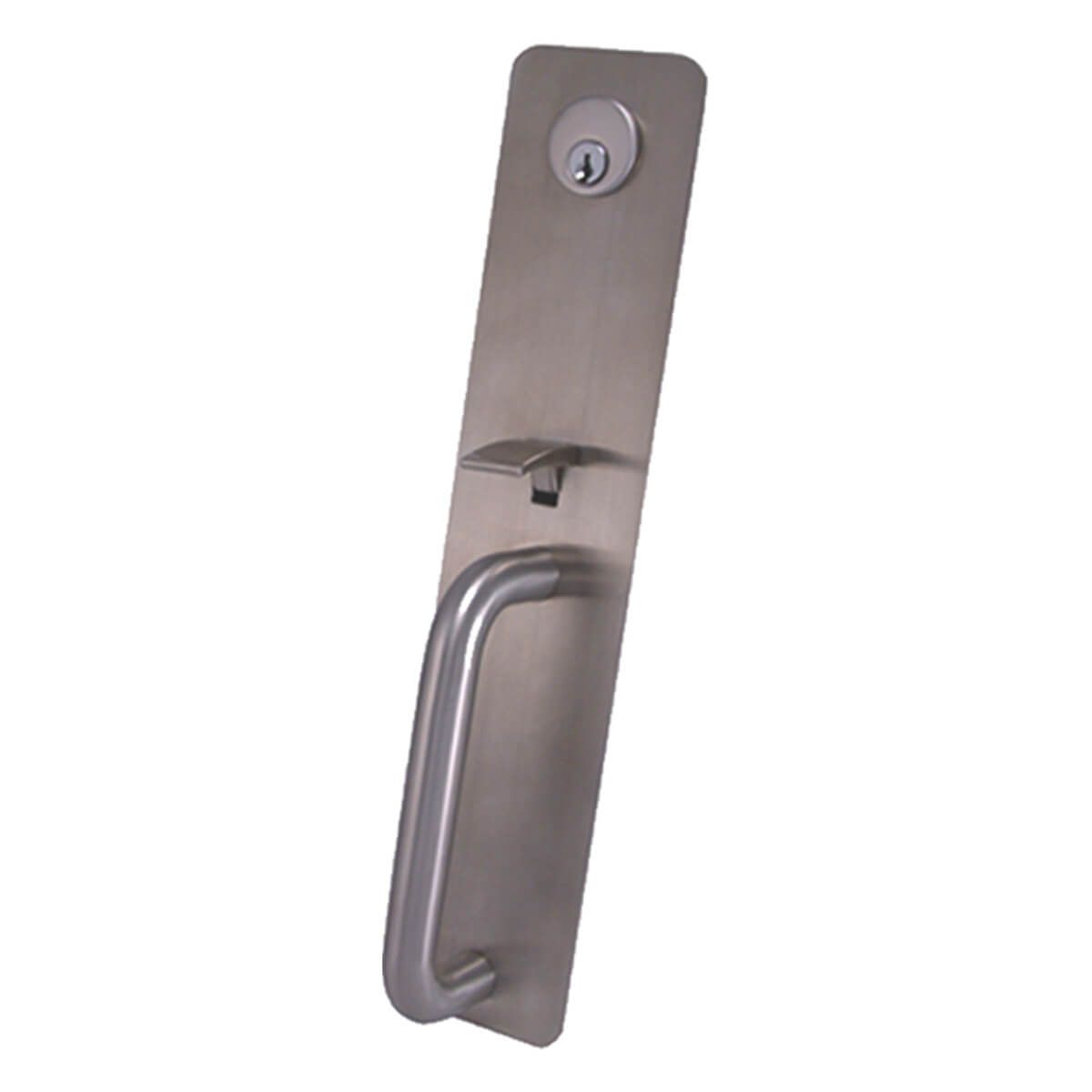 Metal door handle with integrated lock mechanism.