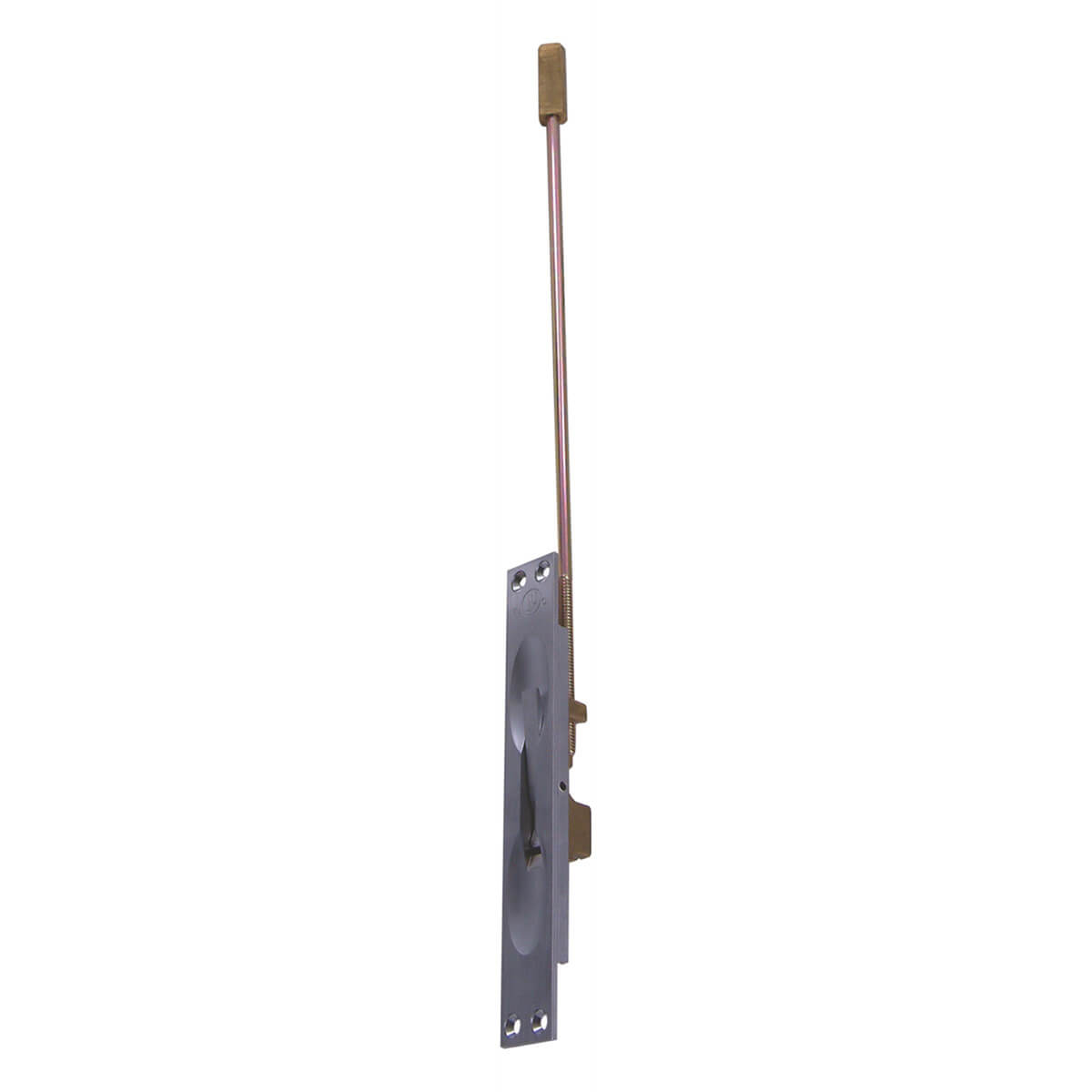 Vertical door latch with extended rod handle.