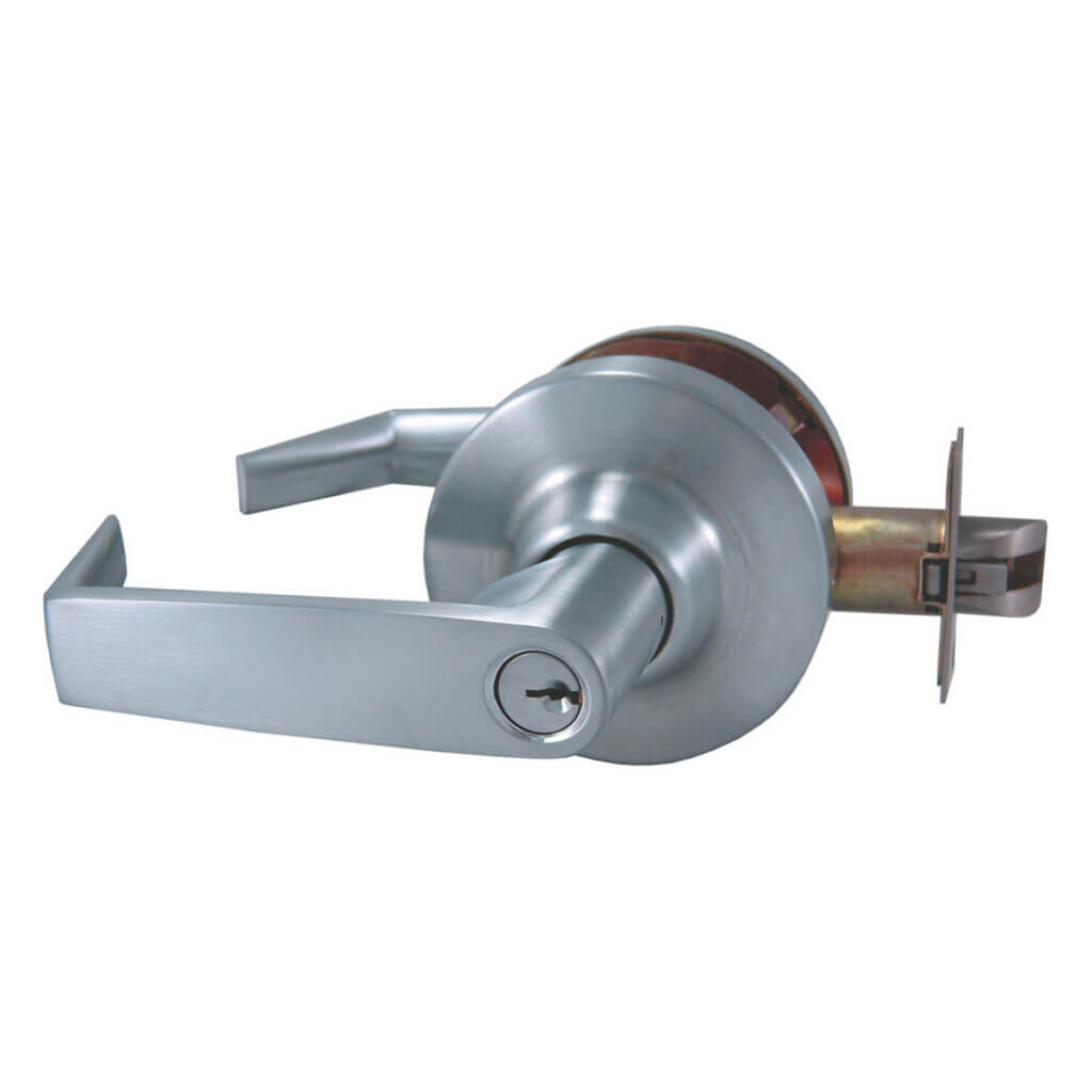 Silver door lever with a cylindrical lock mechanism.