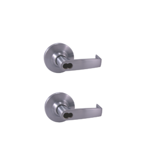 Pair of brushed stainless steel door lever handles with circular backplates (two identical levers shown)