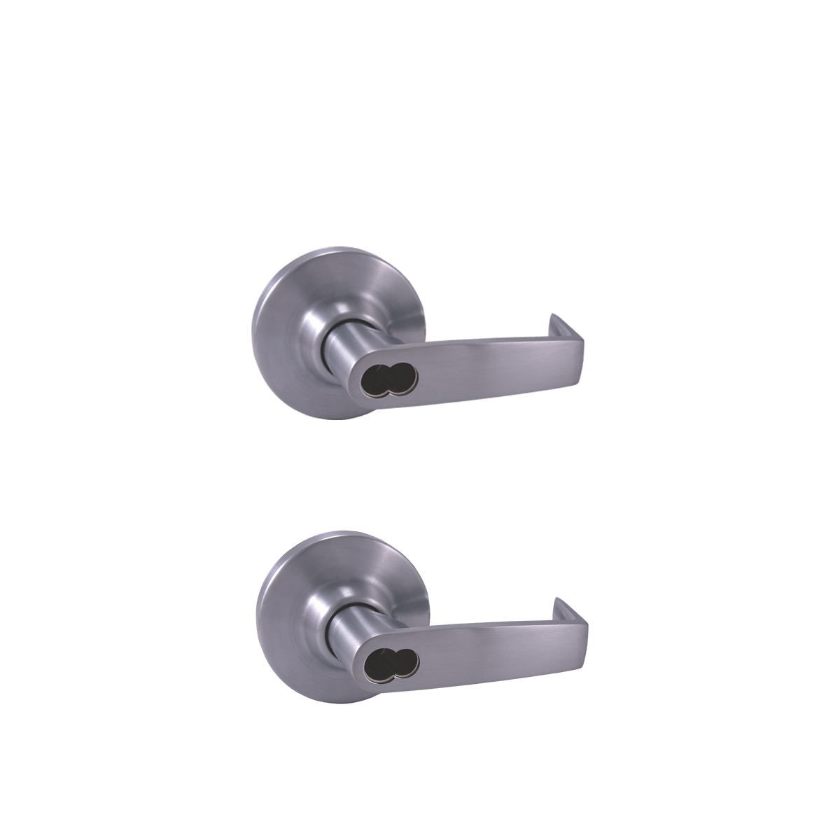 Pair of brushed stainless steel door lever handles with circular backplates (two identical levers shown)