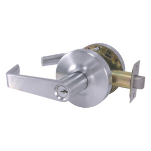 Silver door lever lockset on white background.