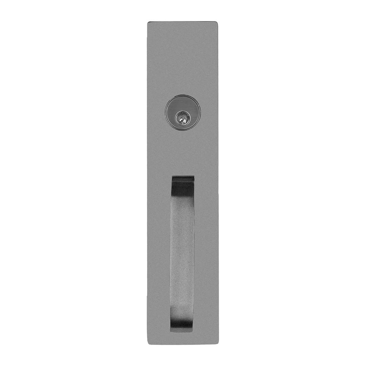 Gray door handle with a circular lock.