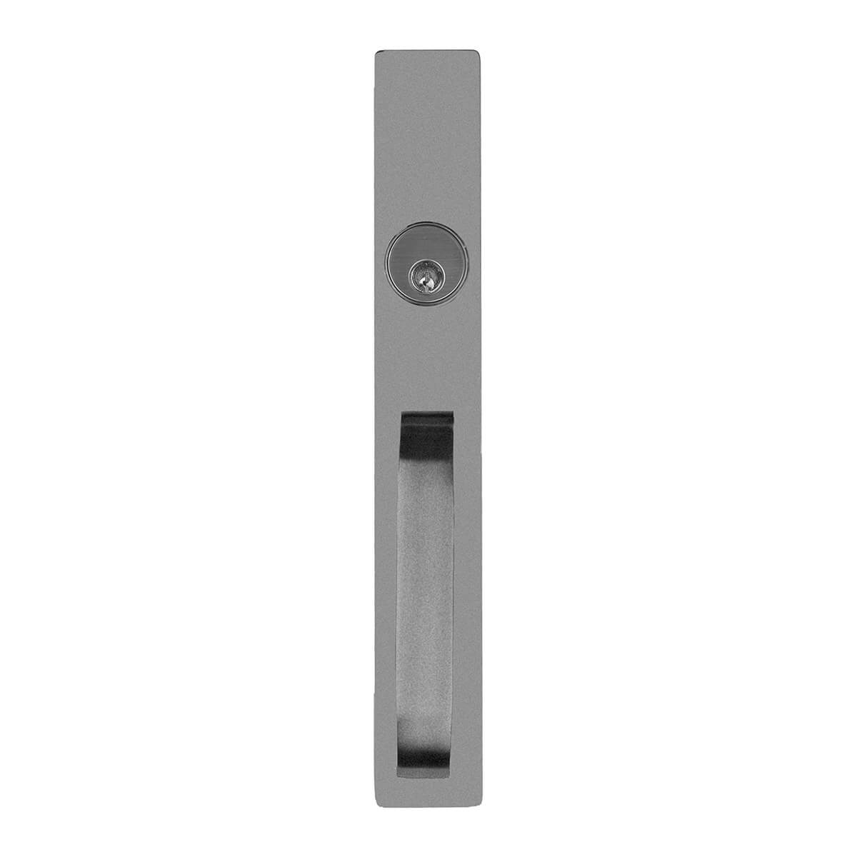 Metal door pull handle with key lock above.