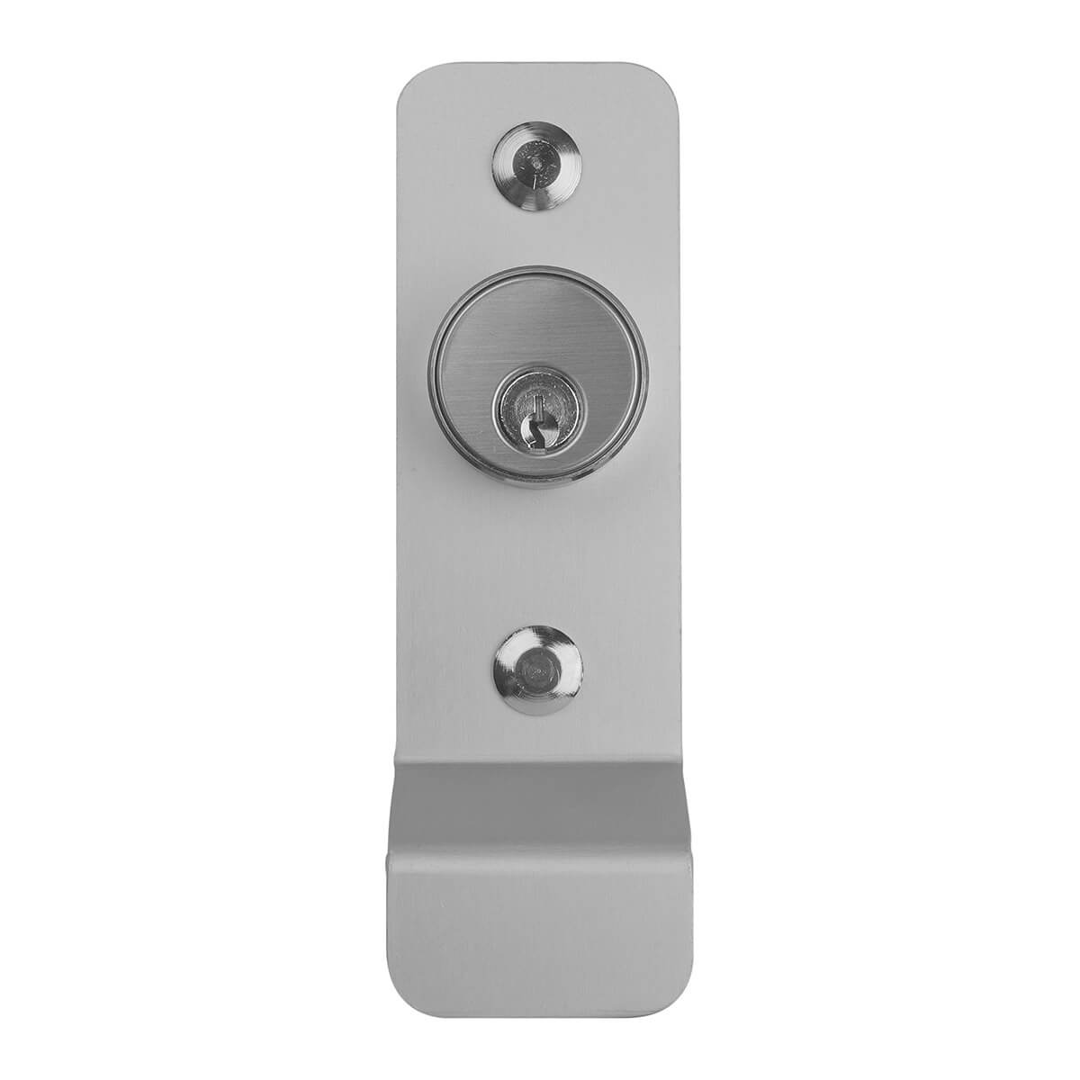 Steel door lock mechanism with keyhole and screws.