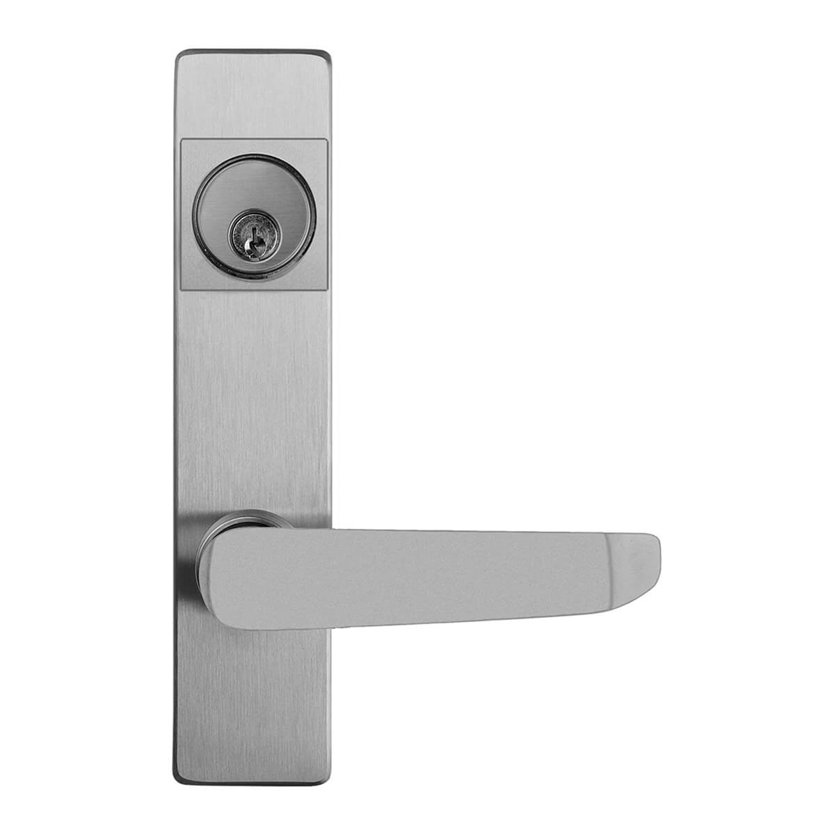 Silver door handle and lock on white background.