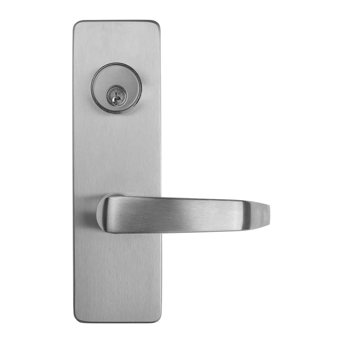 Silver door handle with integrated lock mechanism.