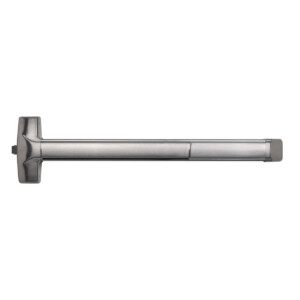 Metal door push bar with sleek, modern design.