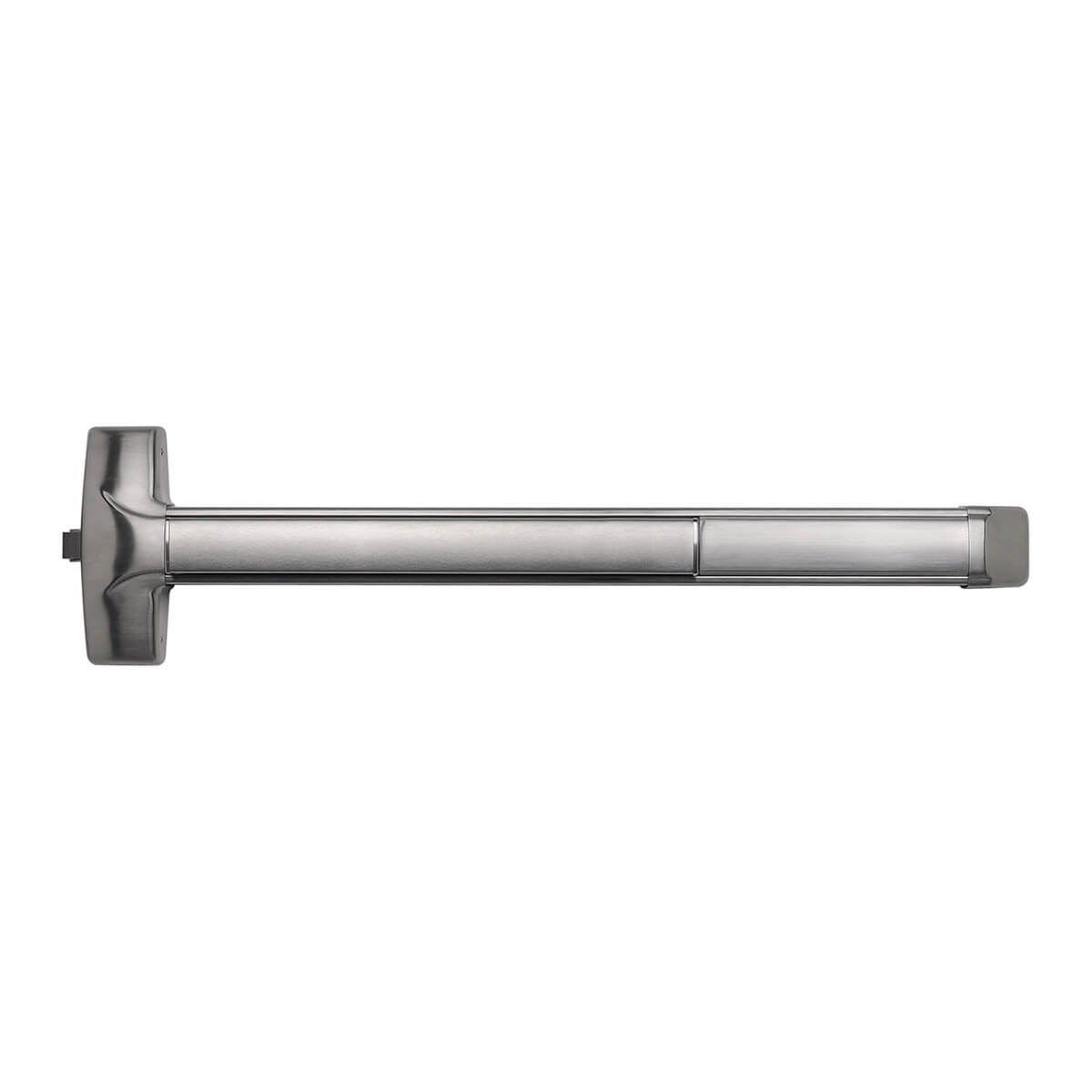 Metal door push bar in horizontal position.