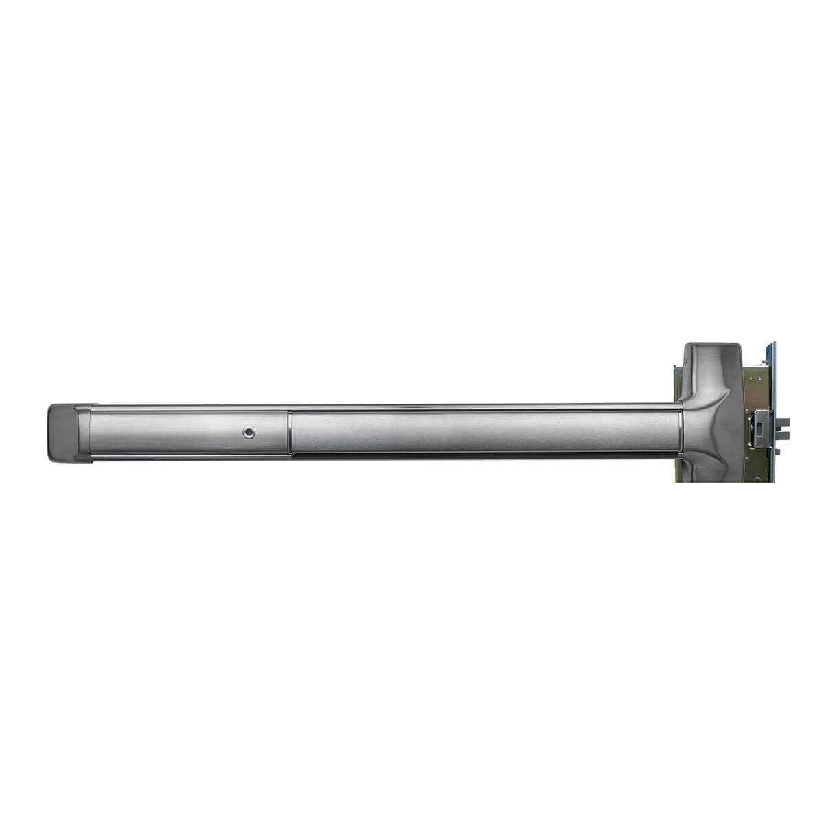 Metallic door push bar against white background.