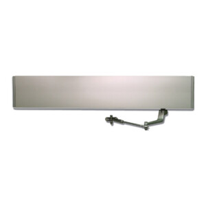 Door closer mechanism with adjustable arm for security.