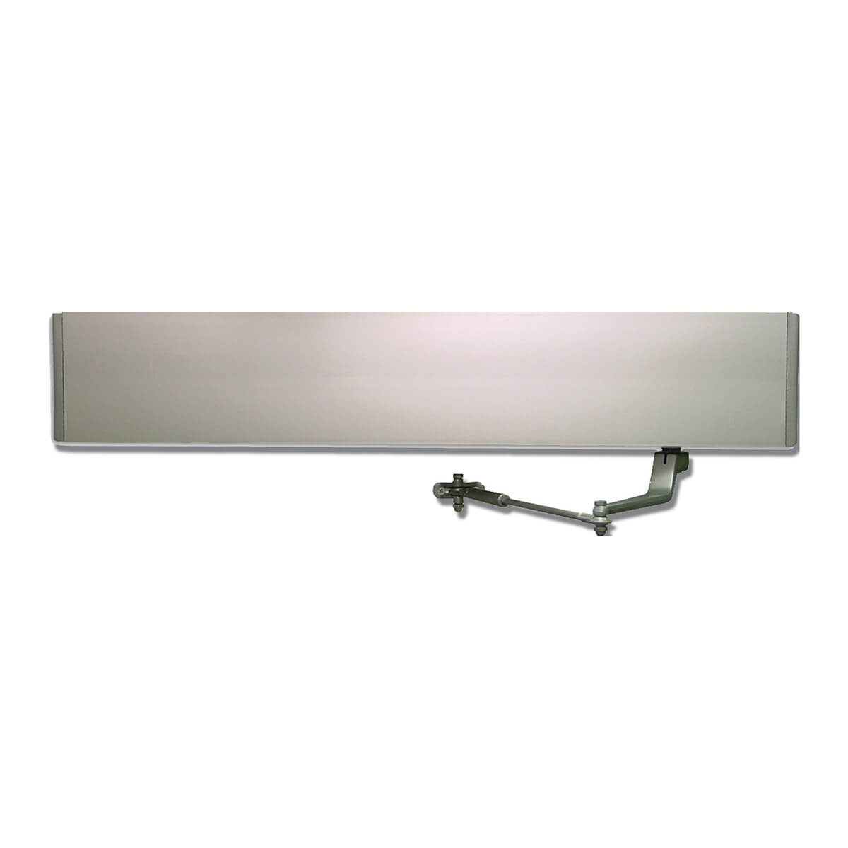 Silver door closer mechanism with adjustable arm.