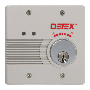 Square security lock with key and control dial.