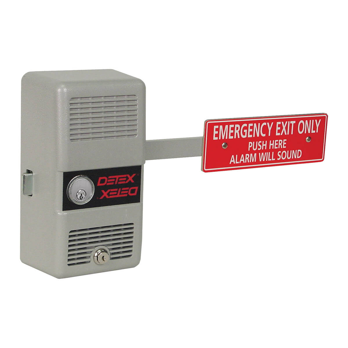 Security device with emergency exit alarm sign.