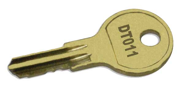 Gold-colored key with a round head and hole, stamped DT041.