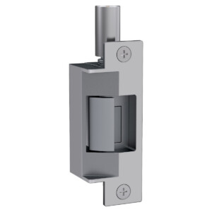 Silver door latch installed on vertical surface.