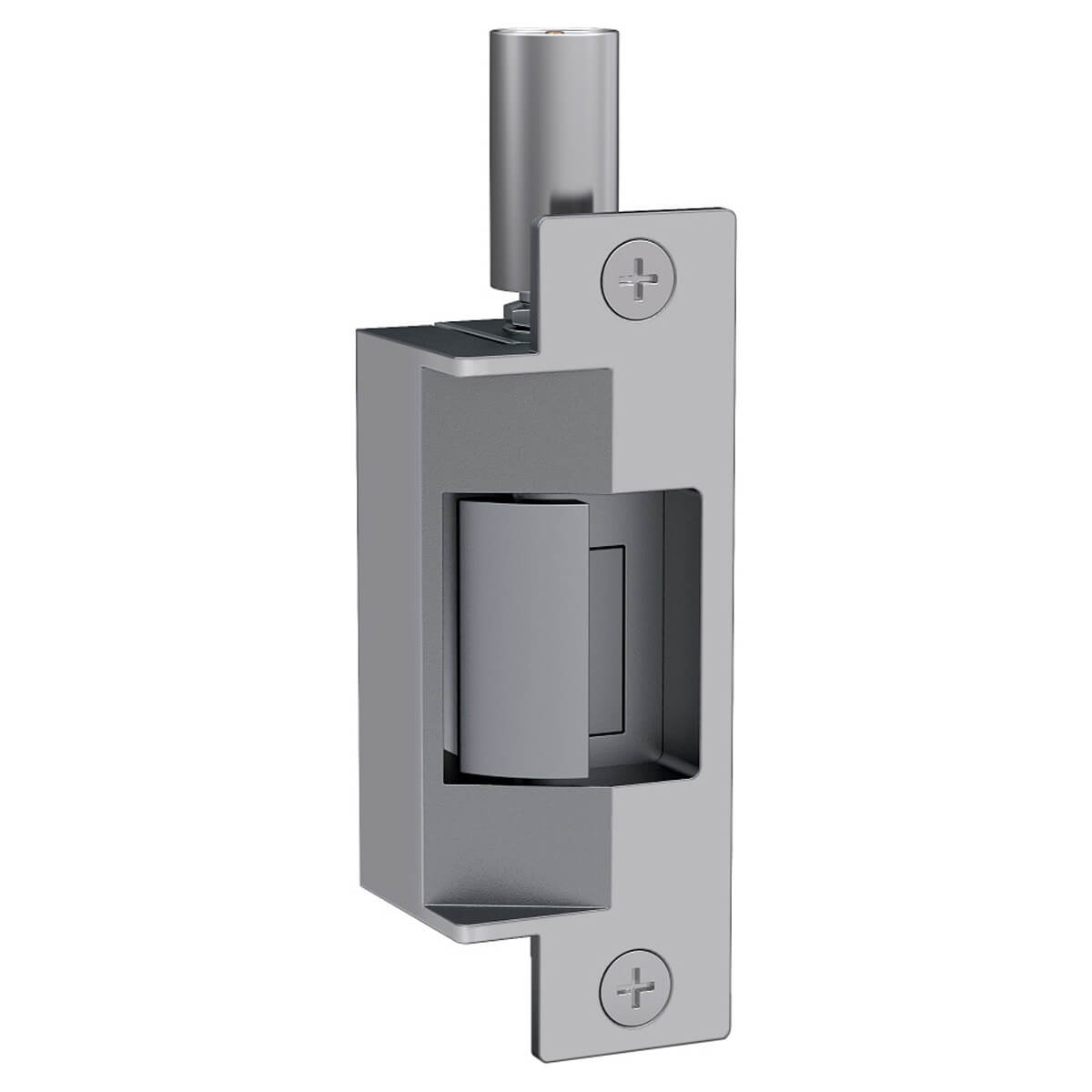 Silver door latch installed on vertical surface.