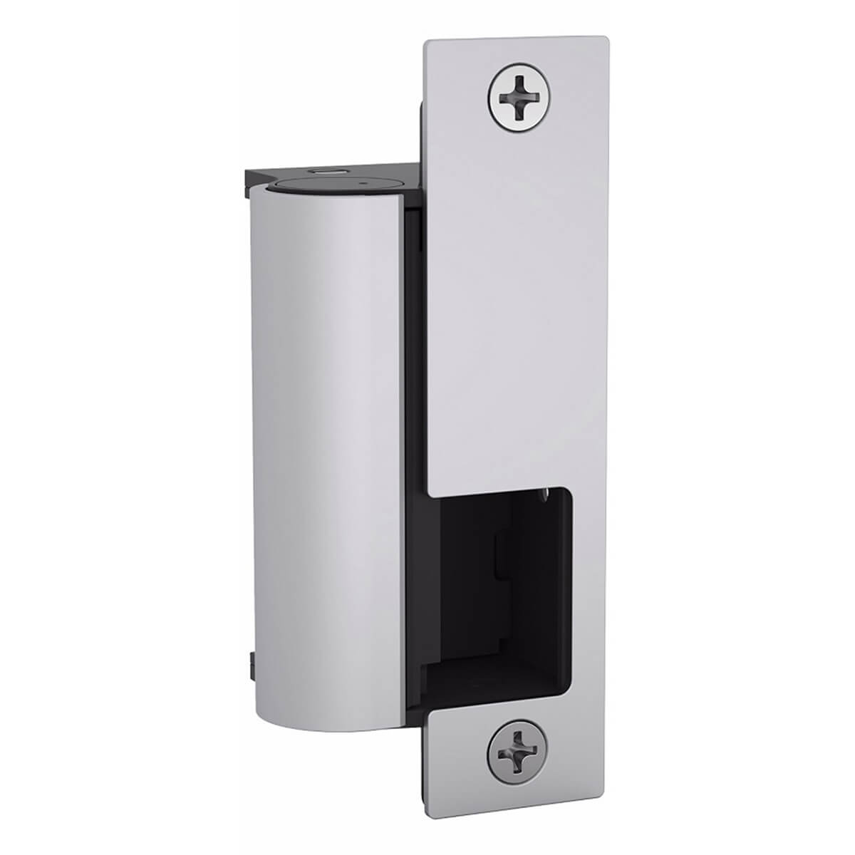 Silver door hinge with mounting screws visible.