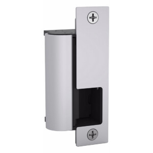 Metal door hinge with visible screw mechanism.