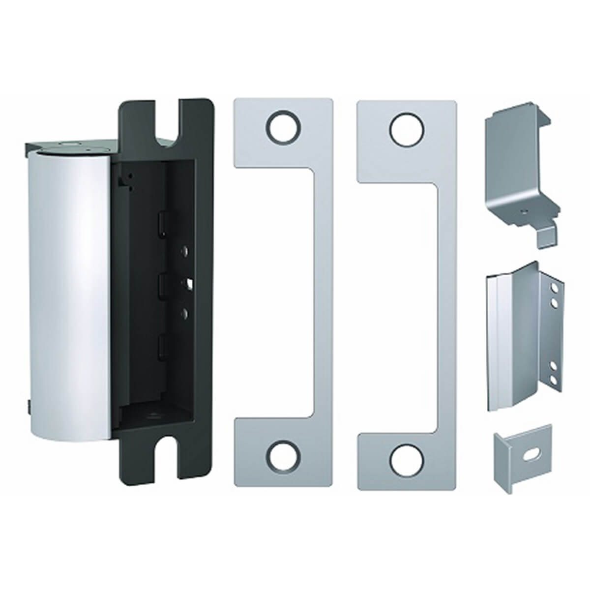 Door hardware components laid out for assembly.