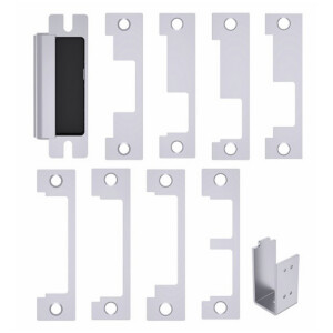 Assorted door hardware plates arranged in rows.