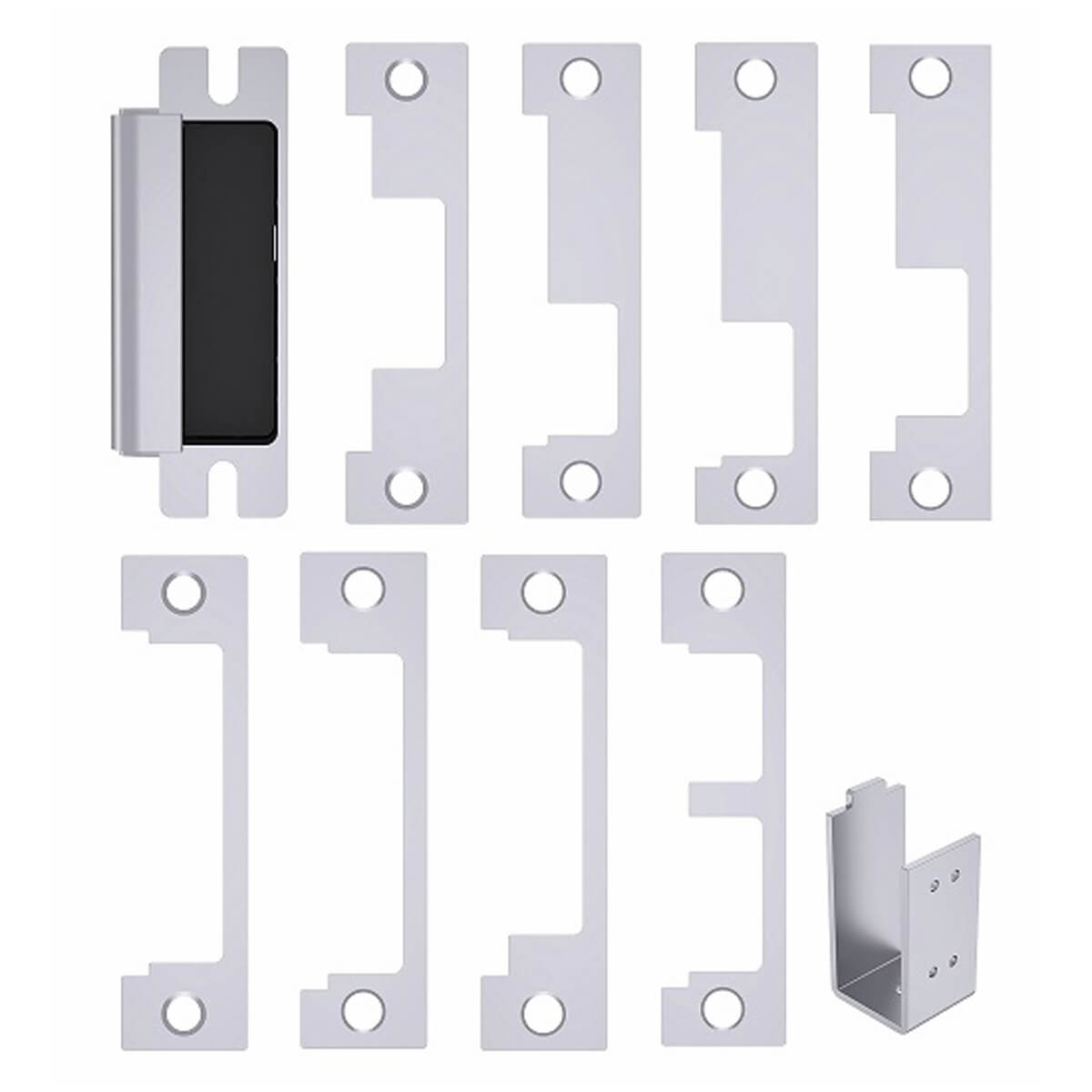 Assorted door hardware plates arranged in rows.