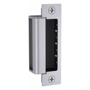 Silver door strike hardware with screws, mounted vertically.