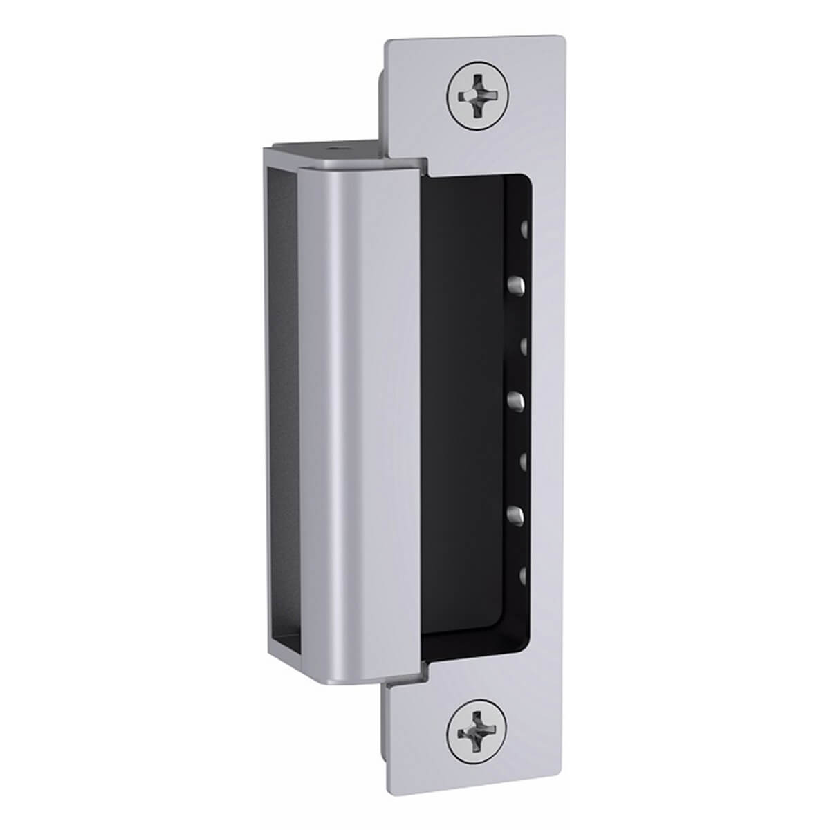 Silver door strike hardware with screws, mounted vertically.