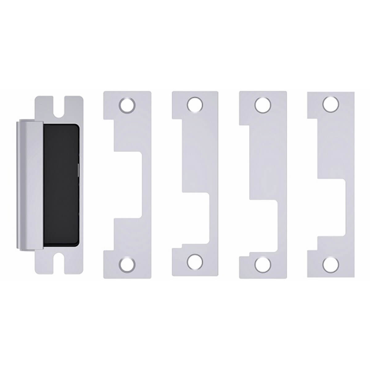 Metal strike plates with varied cutouts on display.