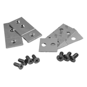 Metal plates and screws arranged on white background.
