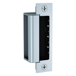 Silver door strike plate with mounting screws.