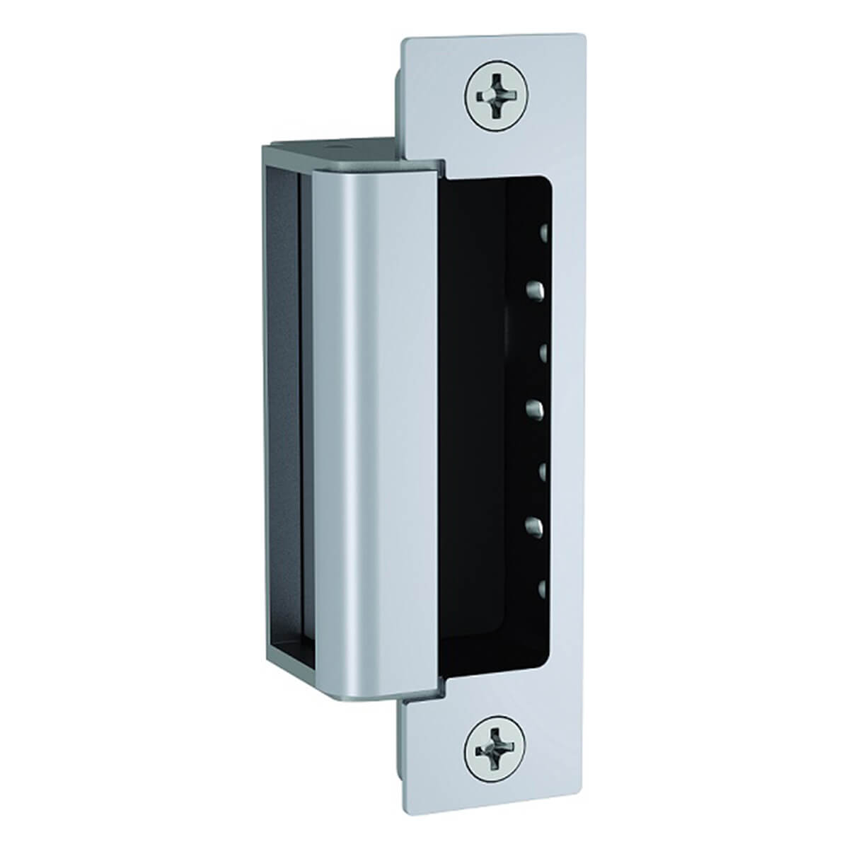 Silver door strike plate with mounting screws.