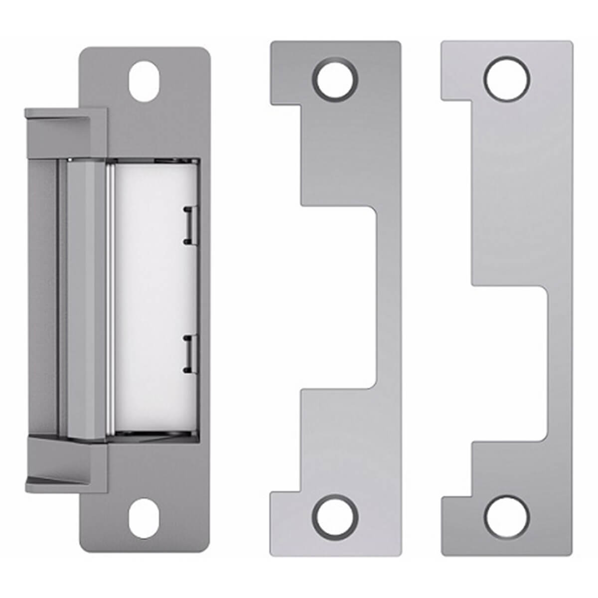 Silver door strike plates displayed on white background.