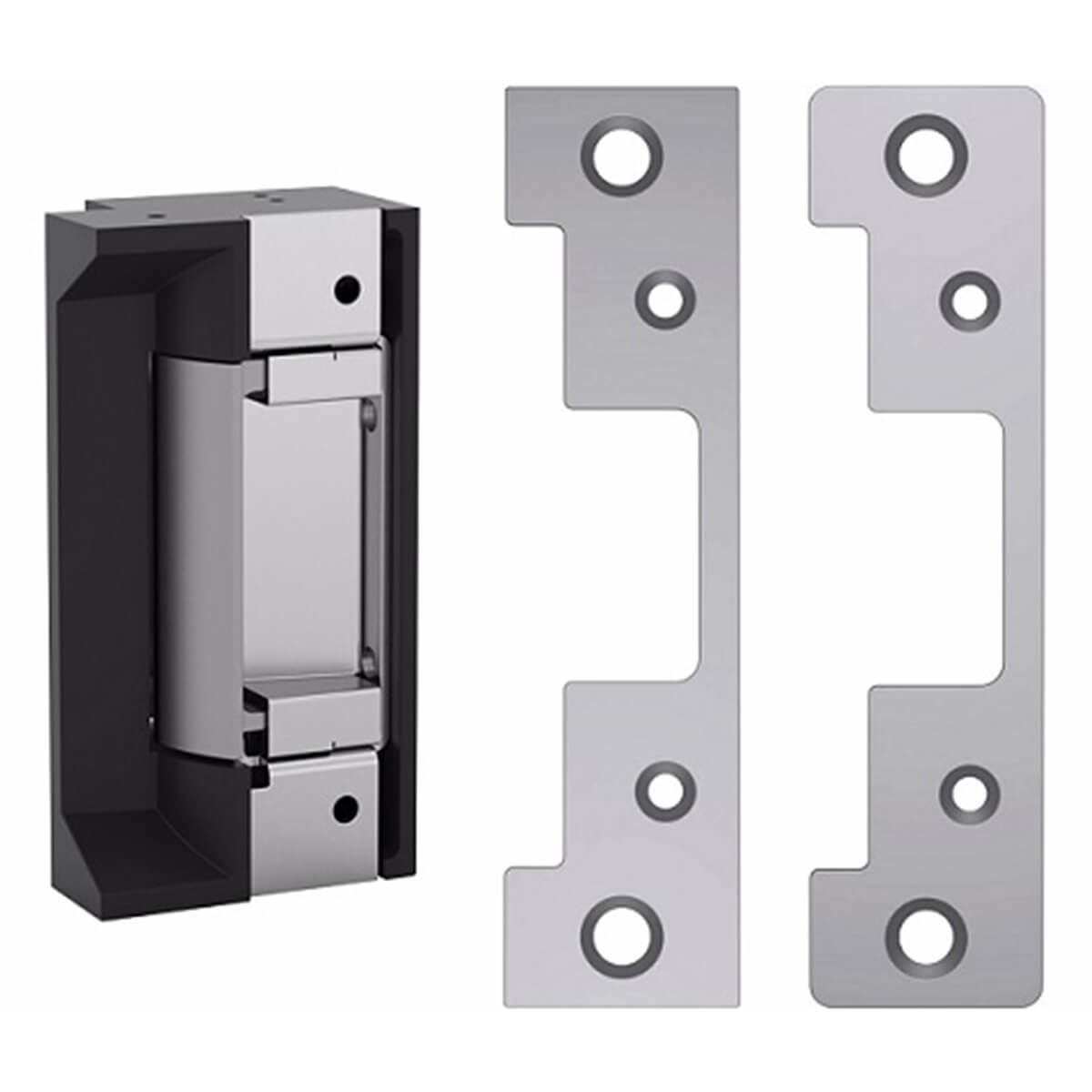 Electric strike and faceplates for door security.