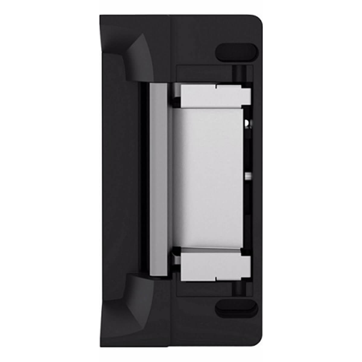 Black electronic strike for secure door locking.