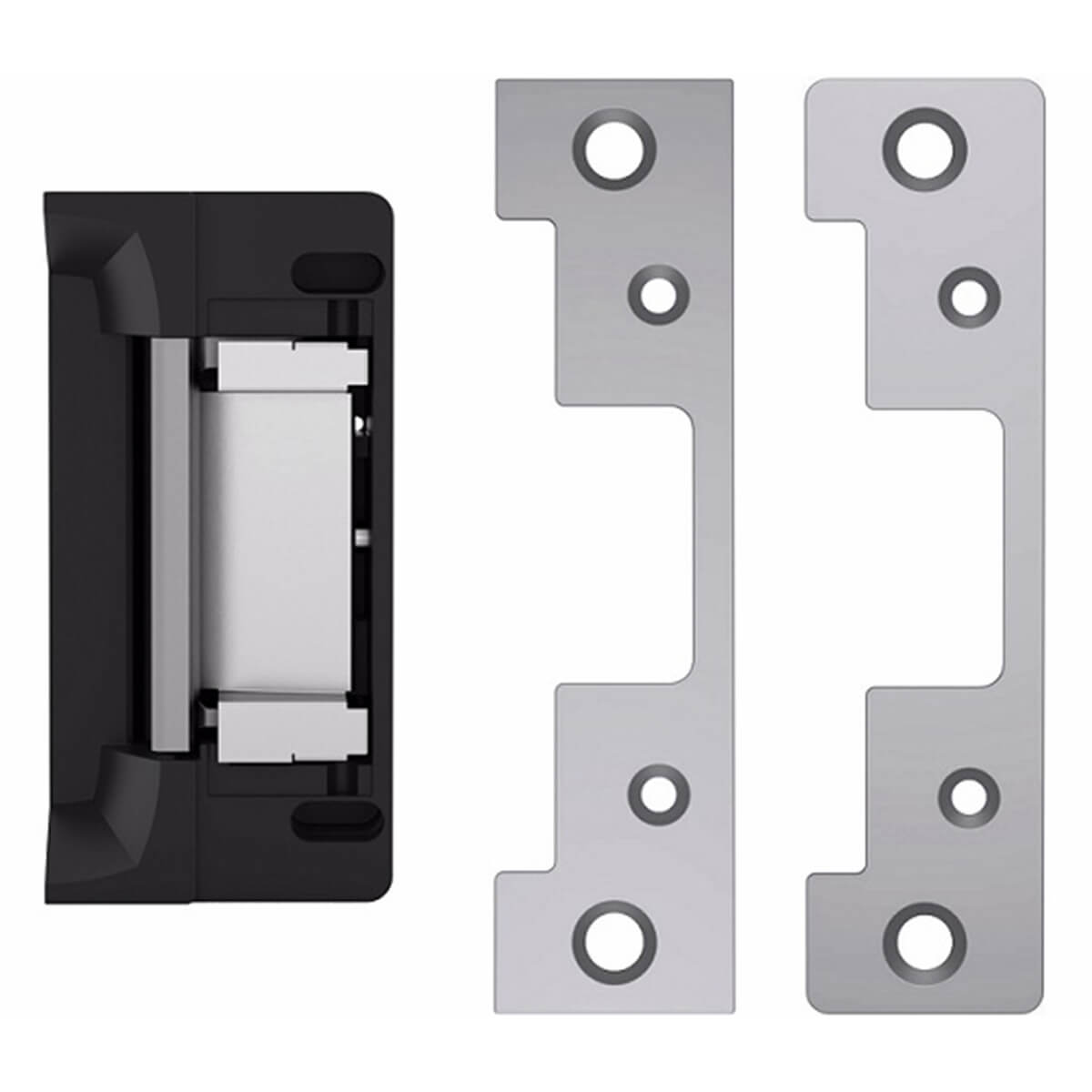 Door strike plate set with two silver plates.